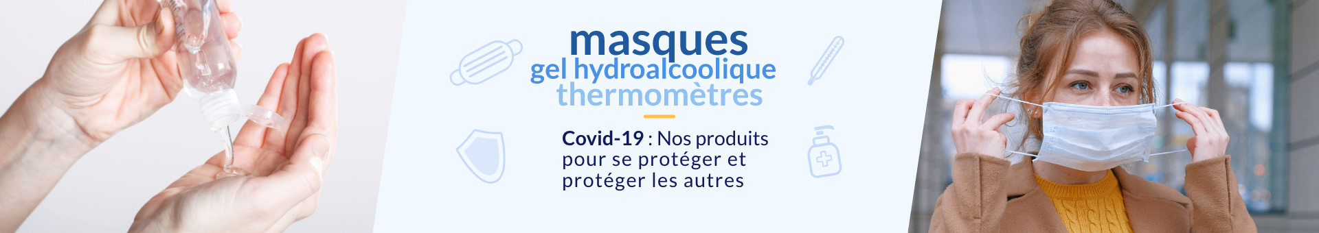 Sélection de produits contre la COVID 19. Masque de fabrication française,  unir tellus, gel hydroalcoolique, thermomètre pour le suivi de la température